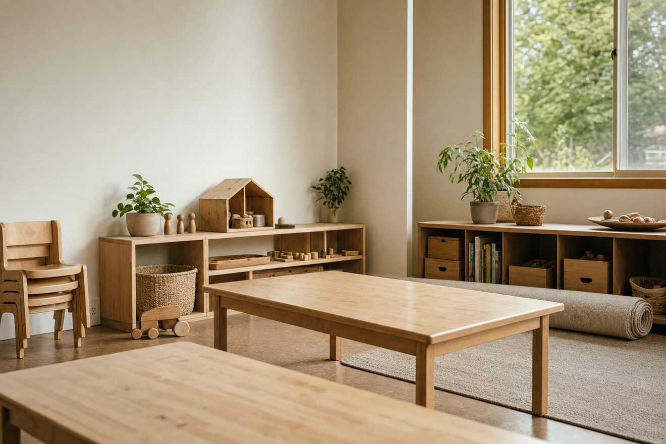 An empty preschool activity room in the evening, low tables wiped and small chairs stacked