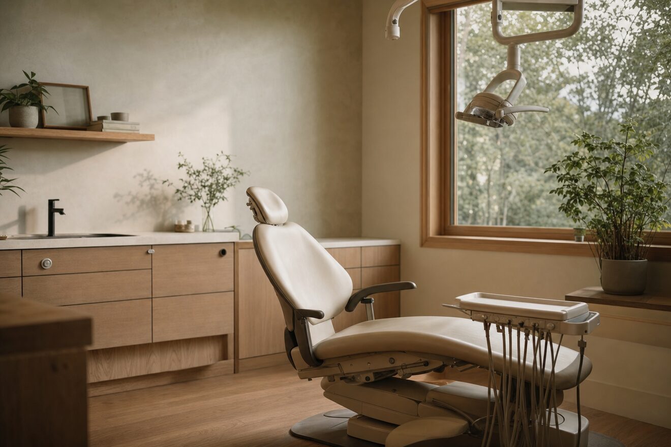 An empty dental operatory after hours, chair reclined, tray cleared, work light off