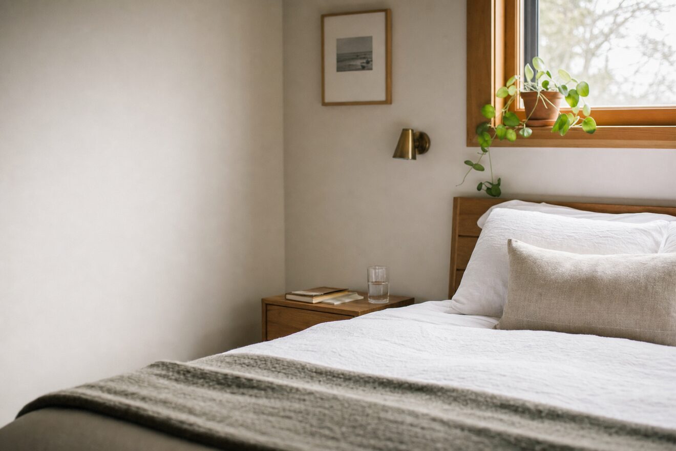 A small rental bedroom freshly made up with white linen and a folded blanket, morning light through a window