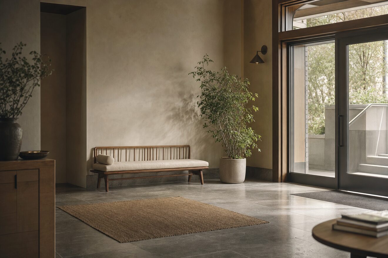 A clean apartment building lobby with a wiped stone floor and glass entry doors, early morning