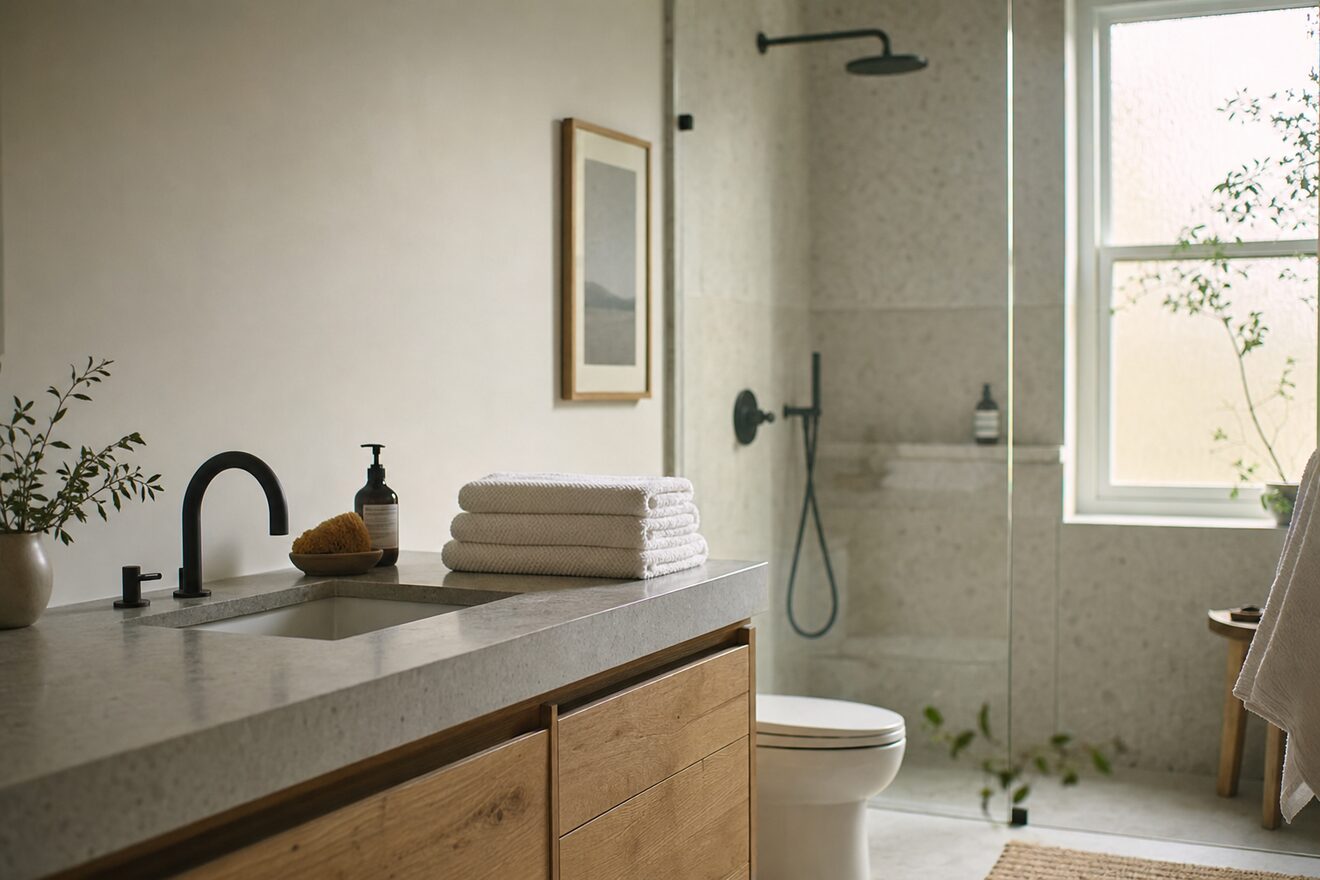 A bathroom after a deep clean, clear shower glass and dry tile in flat daylight