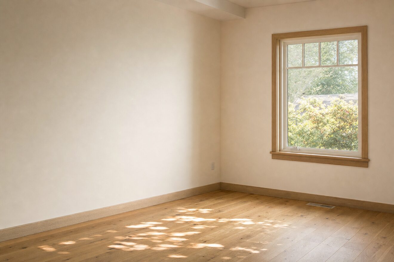 An empty rental bedroom with bare floors and a clean window, late afternoon light