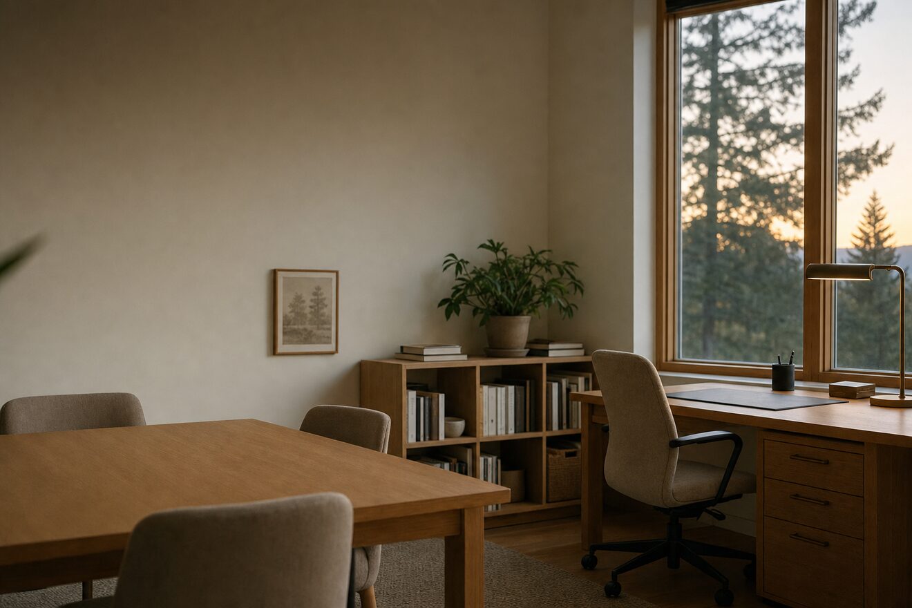 A small empty office at dusk, clear desks and a wiped meeting table, lights low