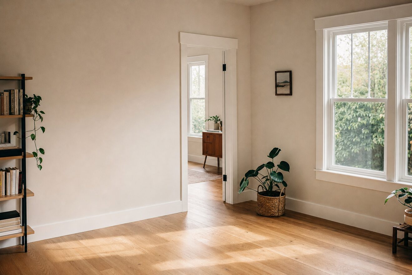 A newly finished empty room with bare wood floors, fresh trim and clean windows in daylight